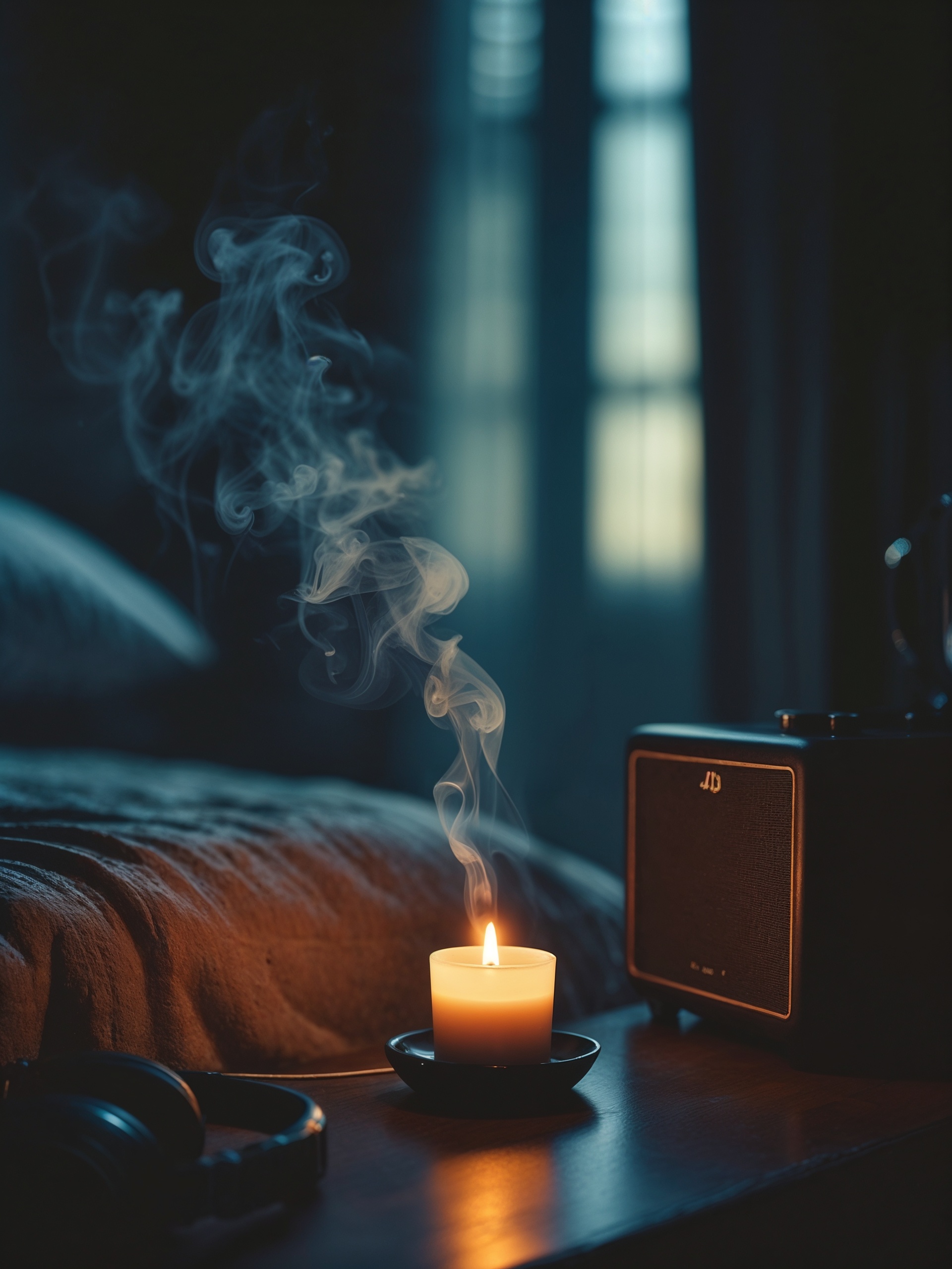 A candle glowing in a darkened room, maybe with steam from tea or essential oils, calm music in the background. A candle glowing in a darkened room, maybe with steam from tea or essential oils, calm music in the background.