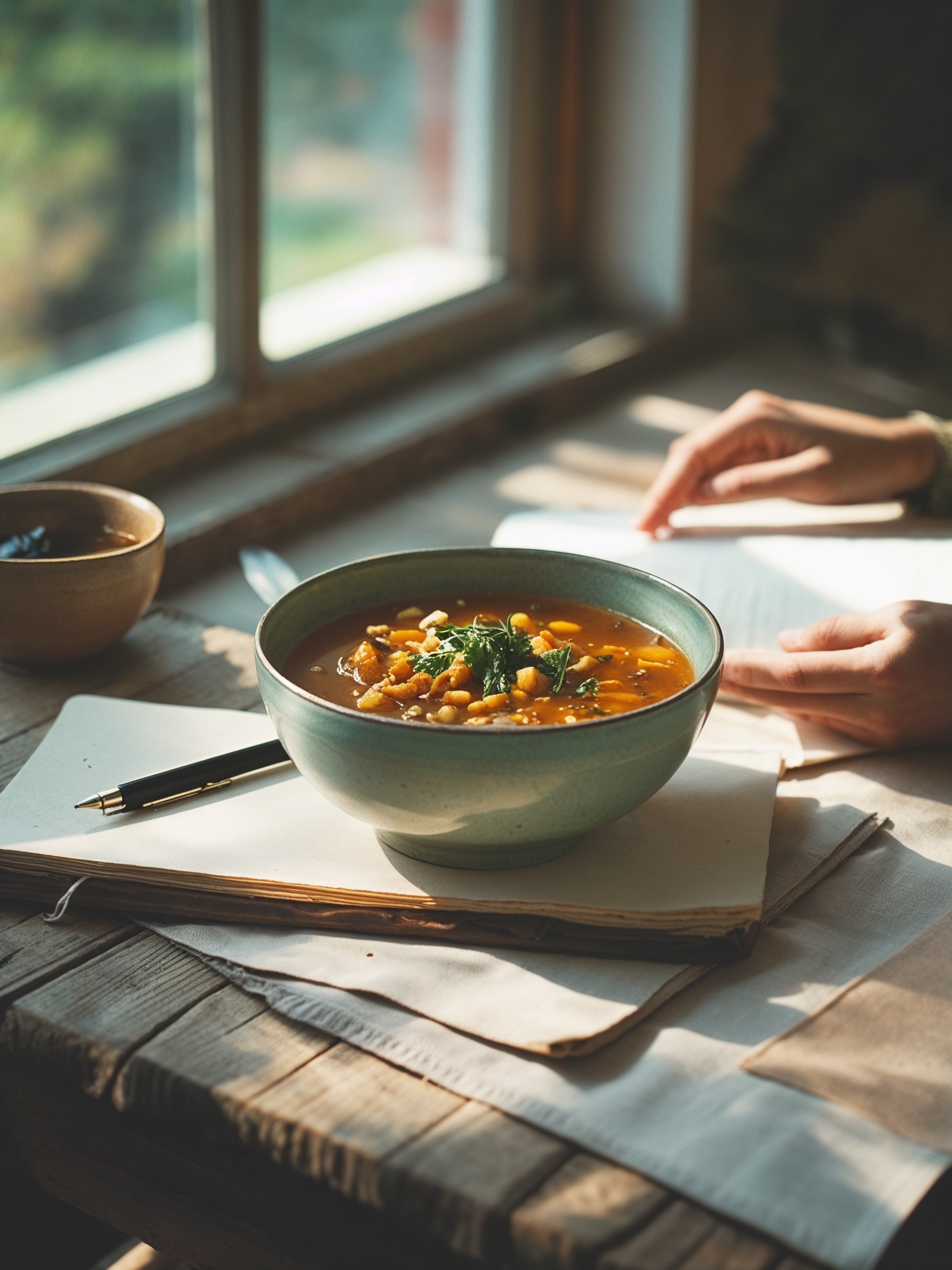 A cozy lunch scene — simple food, journal or pen nearby, hands in a pause moment. A cozy lunch scene — simple food, journal or pen nearby, hands in a pause moment.