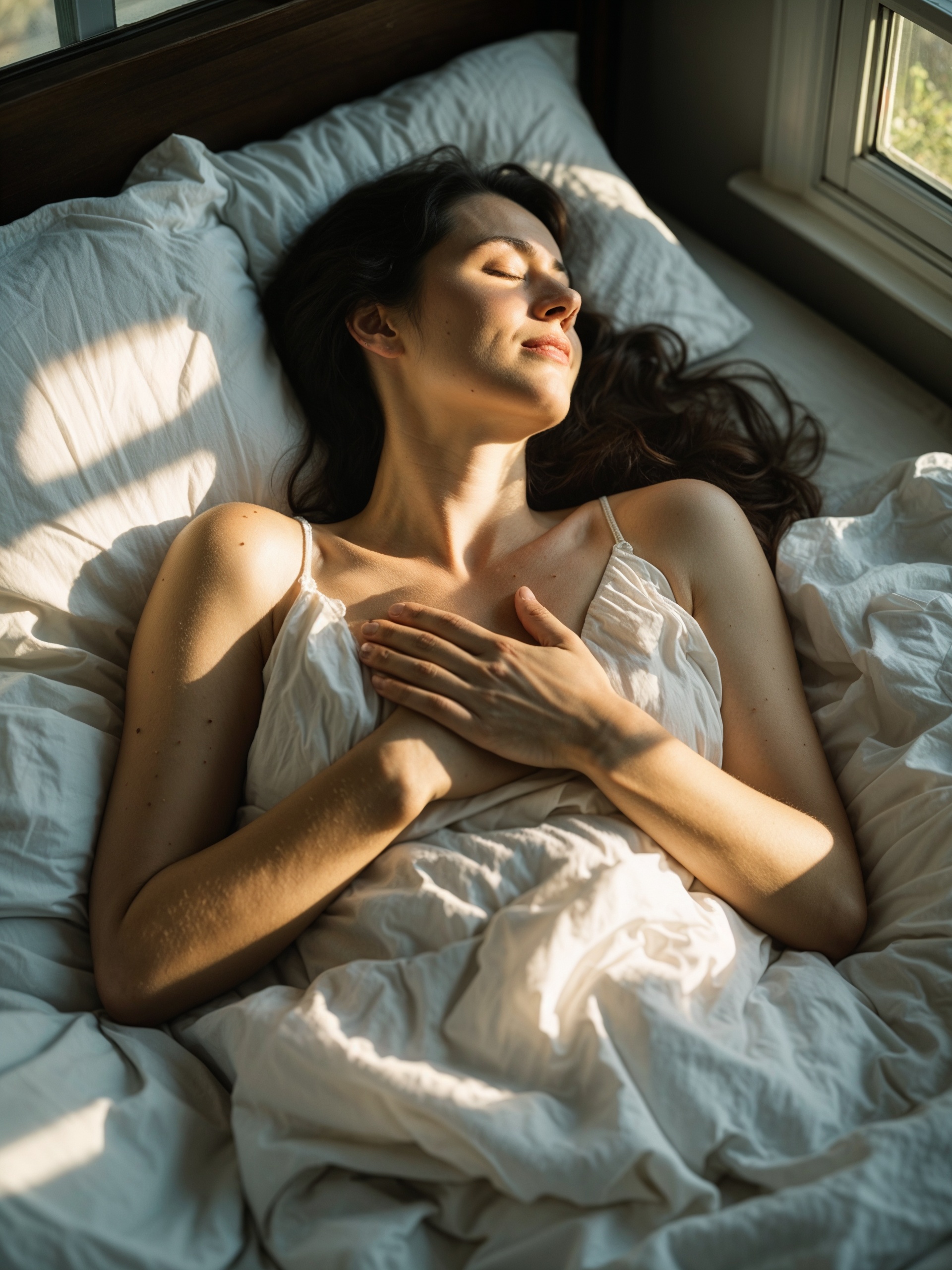 A hand over the heart, soft bedding, light streaming in. A hand over the heart, soft bedding, light streaming in.