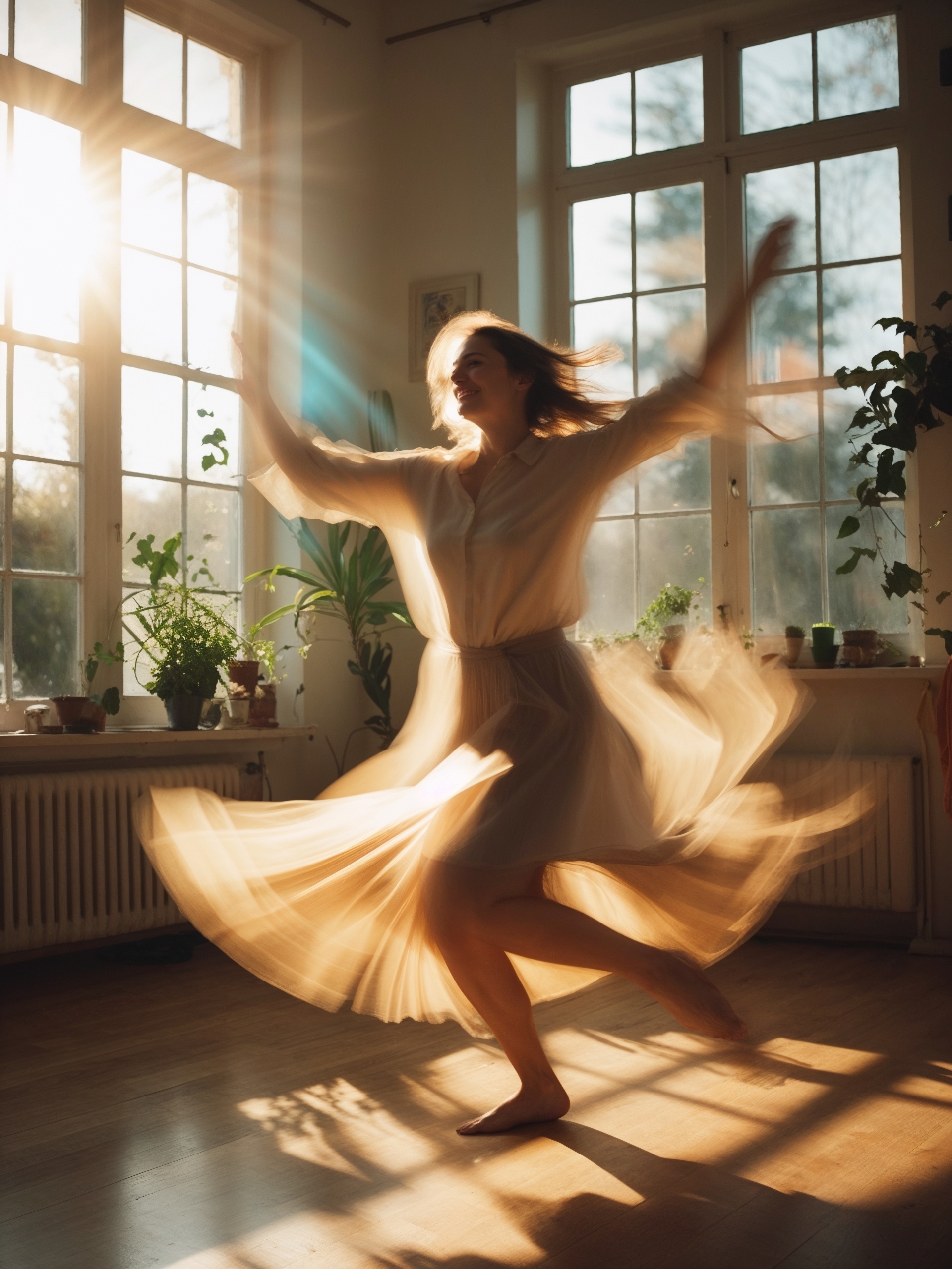 A blurred motion capture of a woman dancing in a sunlit room — arms in the air, joyful, not posed. A blurred motion capture of a woman dancing in a sunlit room — arms in the air, joyful, not posed.