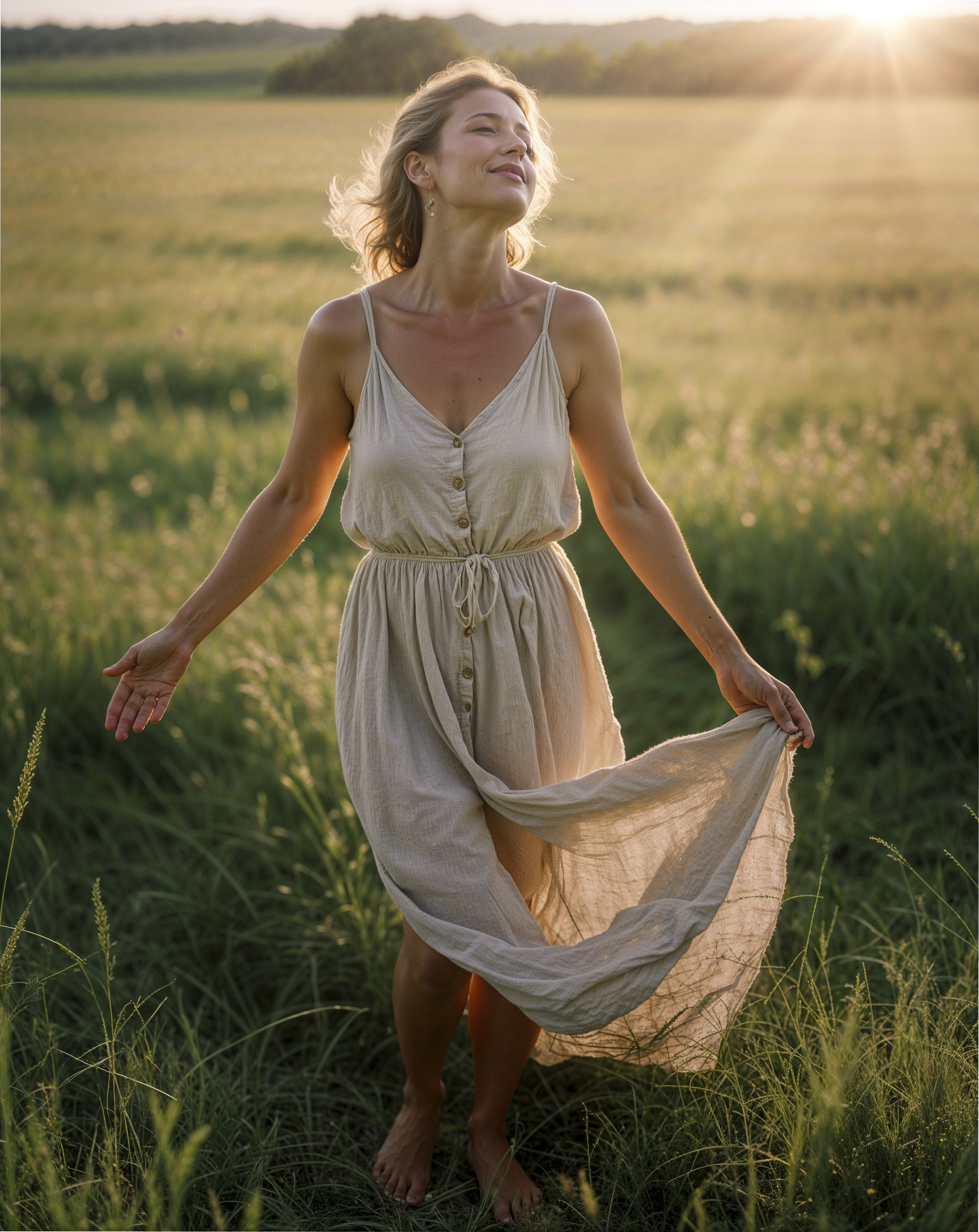 Woman standing open-hearted in sunlight, symbolising self-love and energetic freedom. Woman standing open-hearted in sunlight, symbolising self-love and energetic freedom.