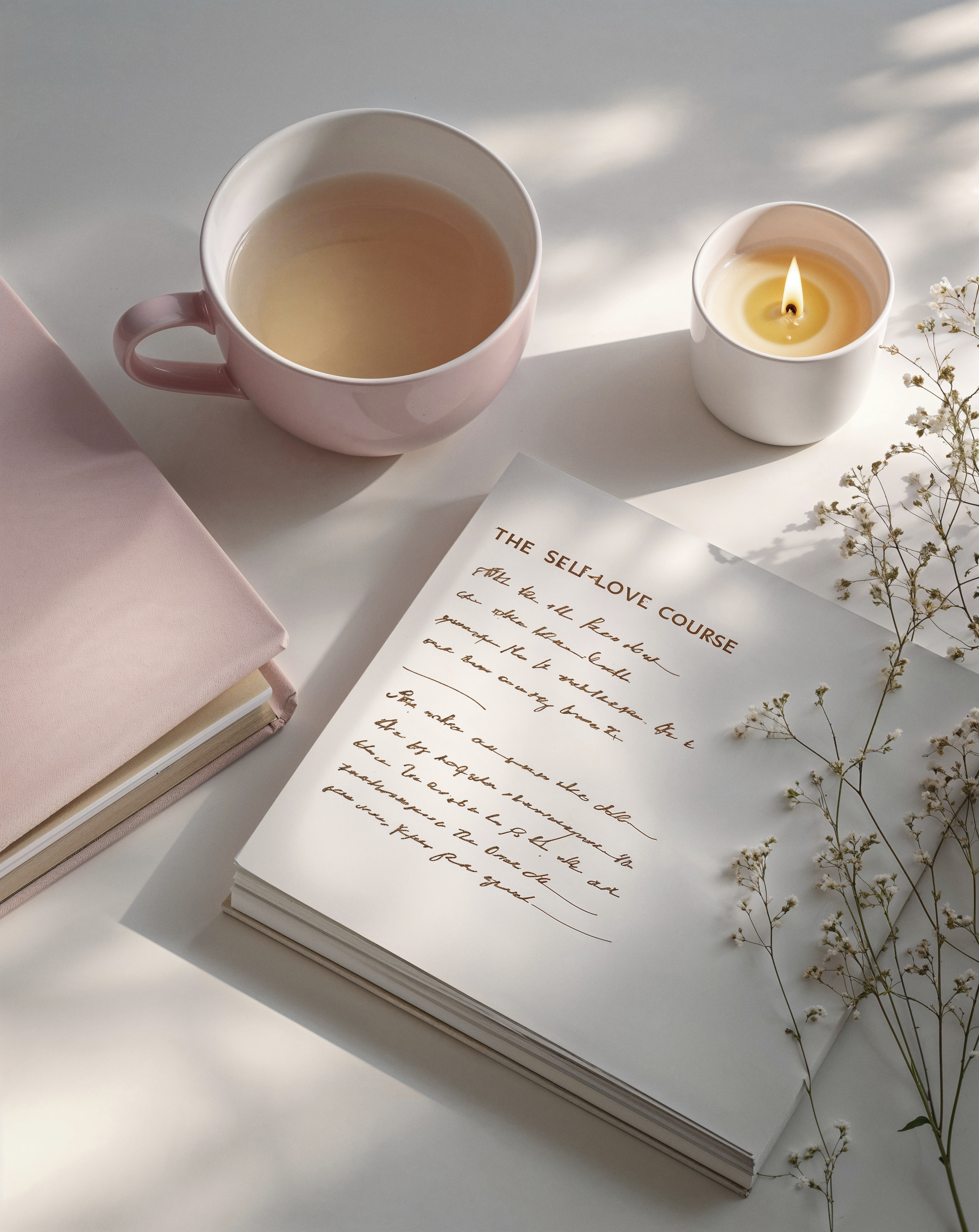Soft flat lay of self-love course materials with journal, candle, and tea, symbolising healing and growth. Soft flat lay of self-love course materials with journal, candle, and tea, symbolising healing and growth.