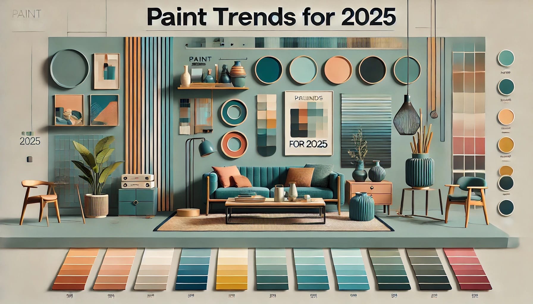 Modern living room with bold accent wall and earthy tones, showcasing 2025 interior painting trends by Masterpiece Painter in Holliston, Massachusetts.