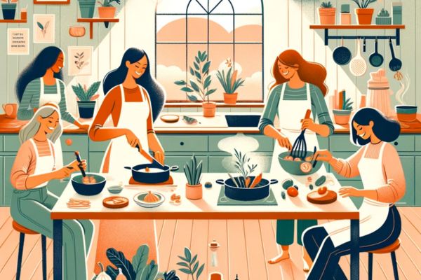 llustration of diverse women displaying joy and confidence in a vibrant kitchen setting, engaging in various cooking activities, with the title 'Unlock Your Kitchen Confidence' prominently displayed.