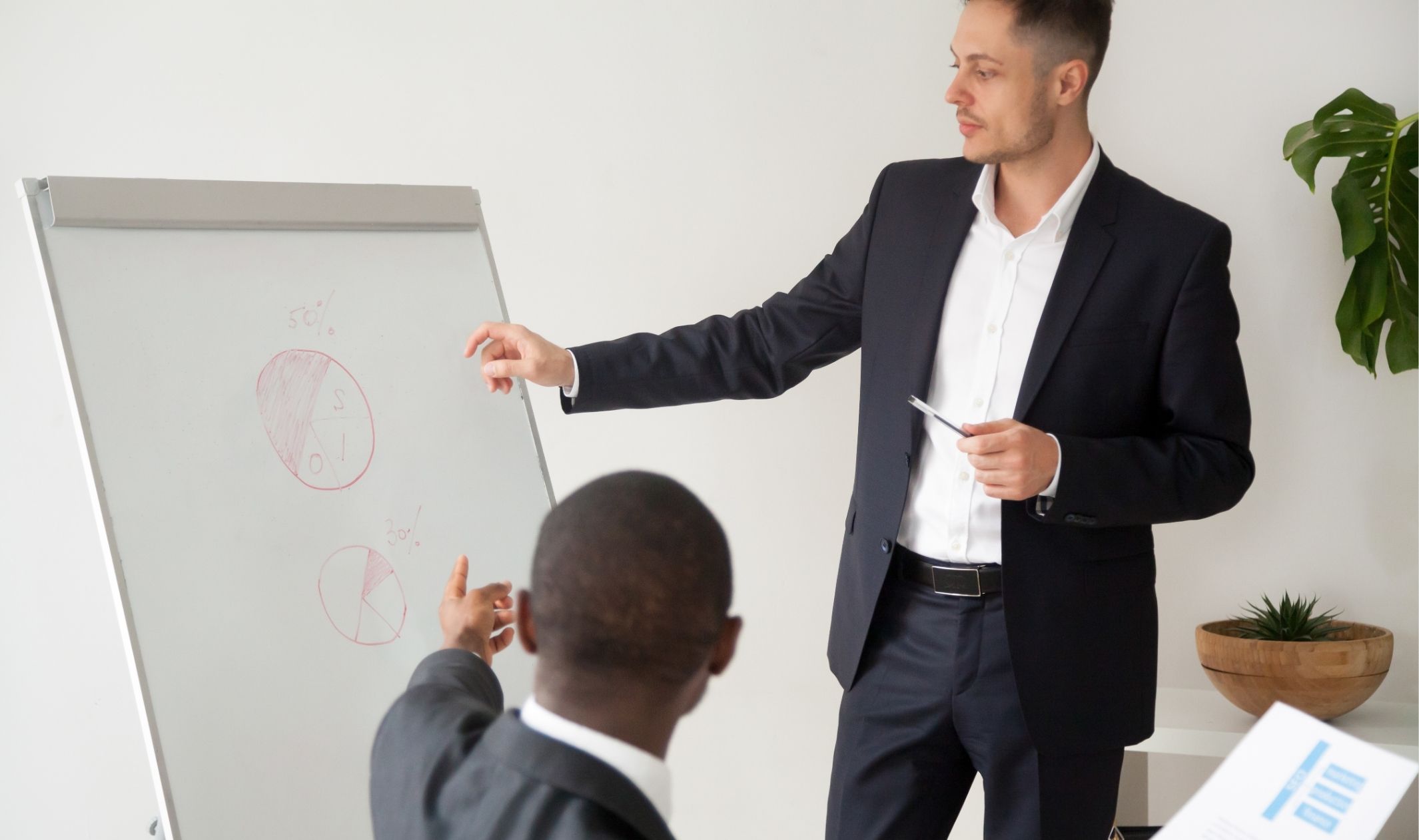Two business man in front of a chart, discussing how to how to collect payments from clients