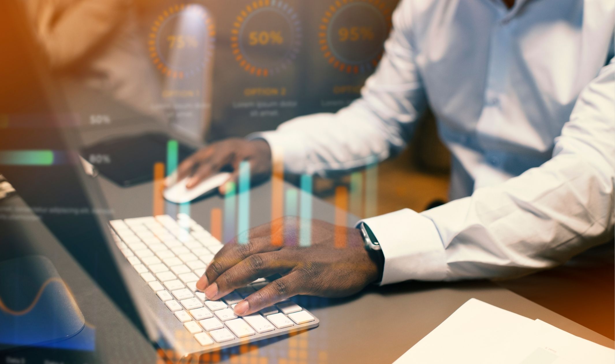 A business man using a computer to perform tests in order to prepare for online business launch A business man using a computer to perform tests in order to prepare for online business launch