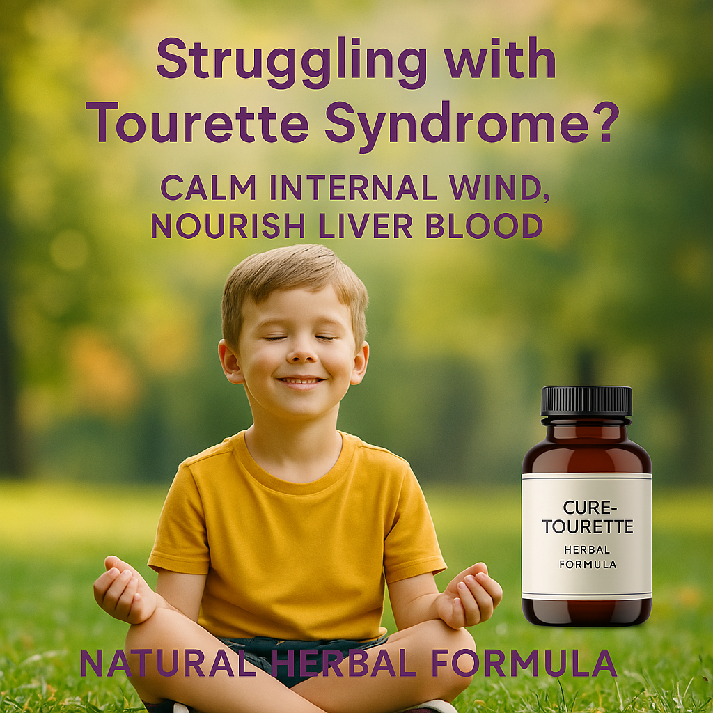 A smiling young boy sits cross-legged on the grass with eyes closed, appearing calm and peaceful. Text above reads “Struggling with Tourette Syndrome? Calm internal wind, nourish liver blood.” A bottle labeled “Cure-Tourette Herbal Formula” is shown, promoting a natural herbal remedy for managing Tourette Syndrome symptoms. A smiling young boy sits cross-legged on the grass with eyes closed, appearing calm and peaceful. Text above reads “Struggling with Tourette Syndrome? Calm internal wind, nourish liver blood.” A bottle labeled “Cure-Tourette Herbal Formula” is shown, promoting a natural herbal remedy for managing Tourette Syndrome symptoms.