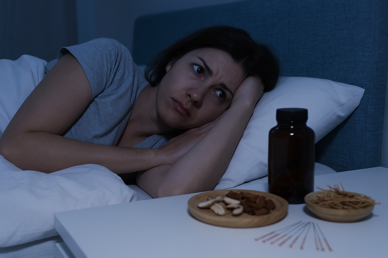 A woman lying awake in bed at night, looking anxious and unable to sleep, with traditional Chinese medicine herbs, acupuncture needles, and an herbal bottle on a nearby table. A woman lying awake in bed at night, looking anxious and unable to sleep, with traditional Chinese medicine herbs, acupuncture needles, and an herbal bottle on a nearby table.