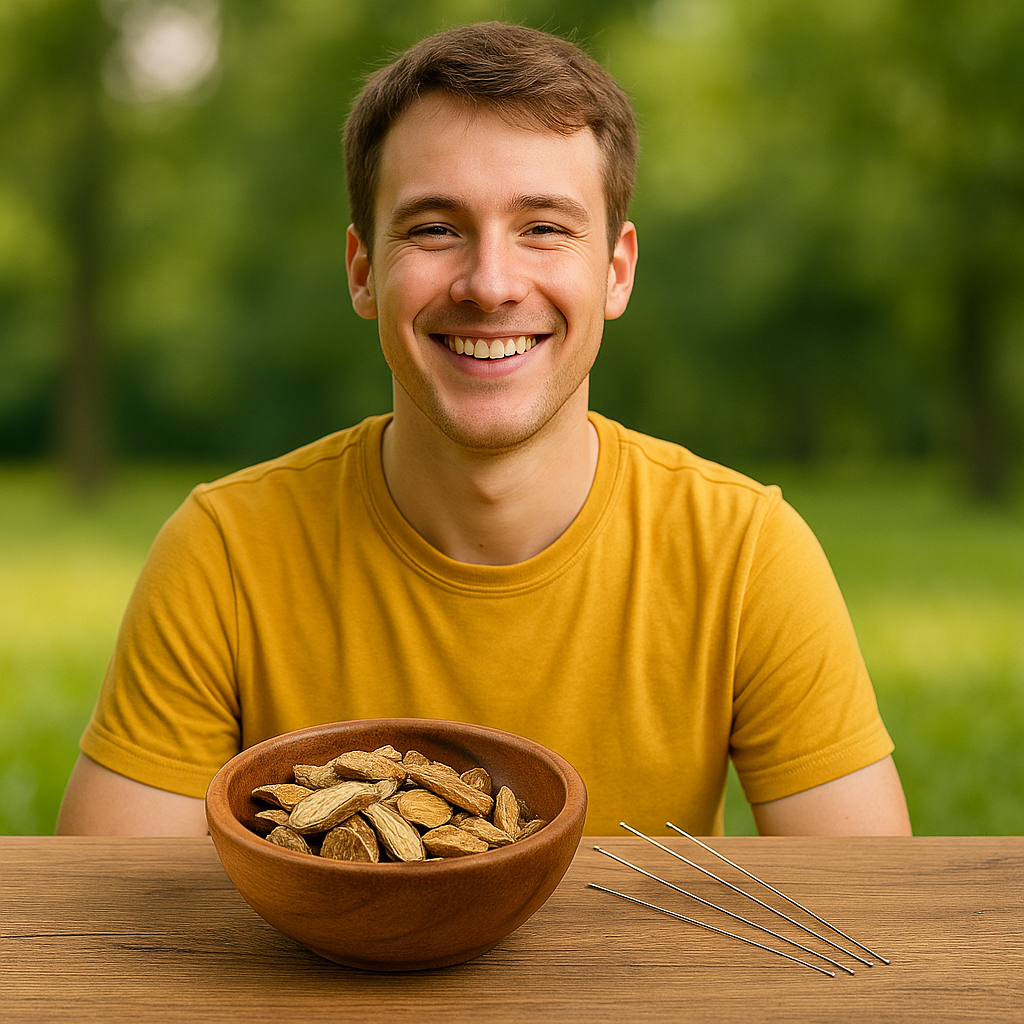 A happy man with a herbal bowl and acupuncture needles A happy man with a herbal bowl and acupuncture needles