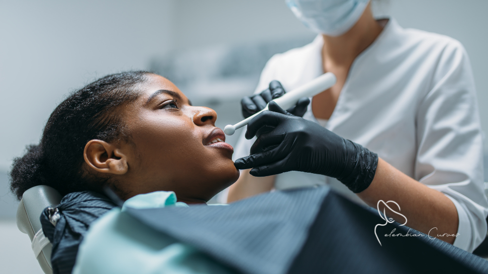 Patient receiving safe dental oral surgery care.