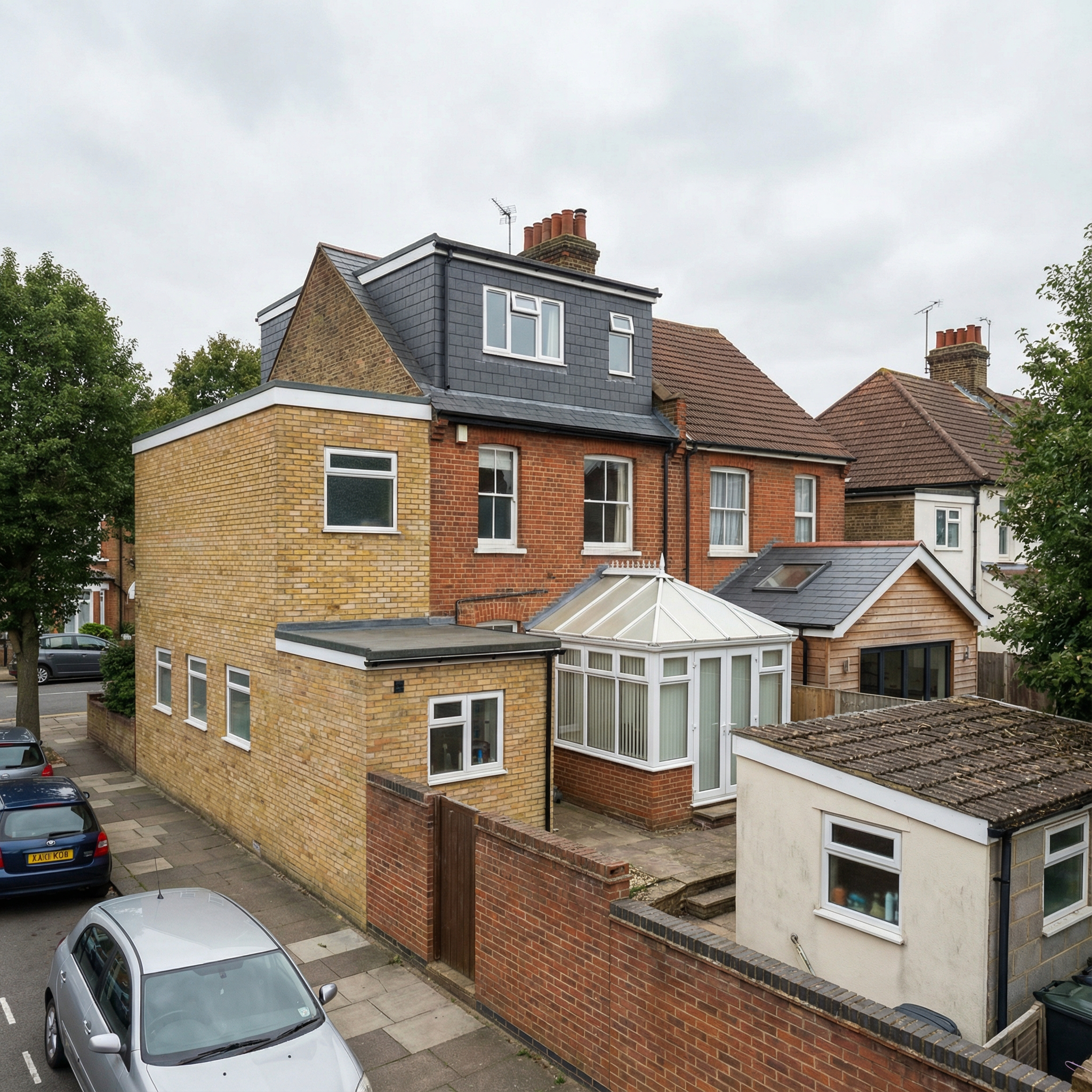 Suburban family home with multiple mismatched extensions added over time, illustrating how incremental changes can lead to an inefficient and overcomplicated structure.
