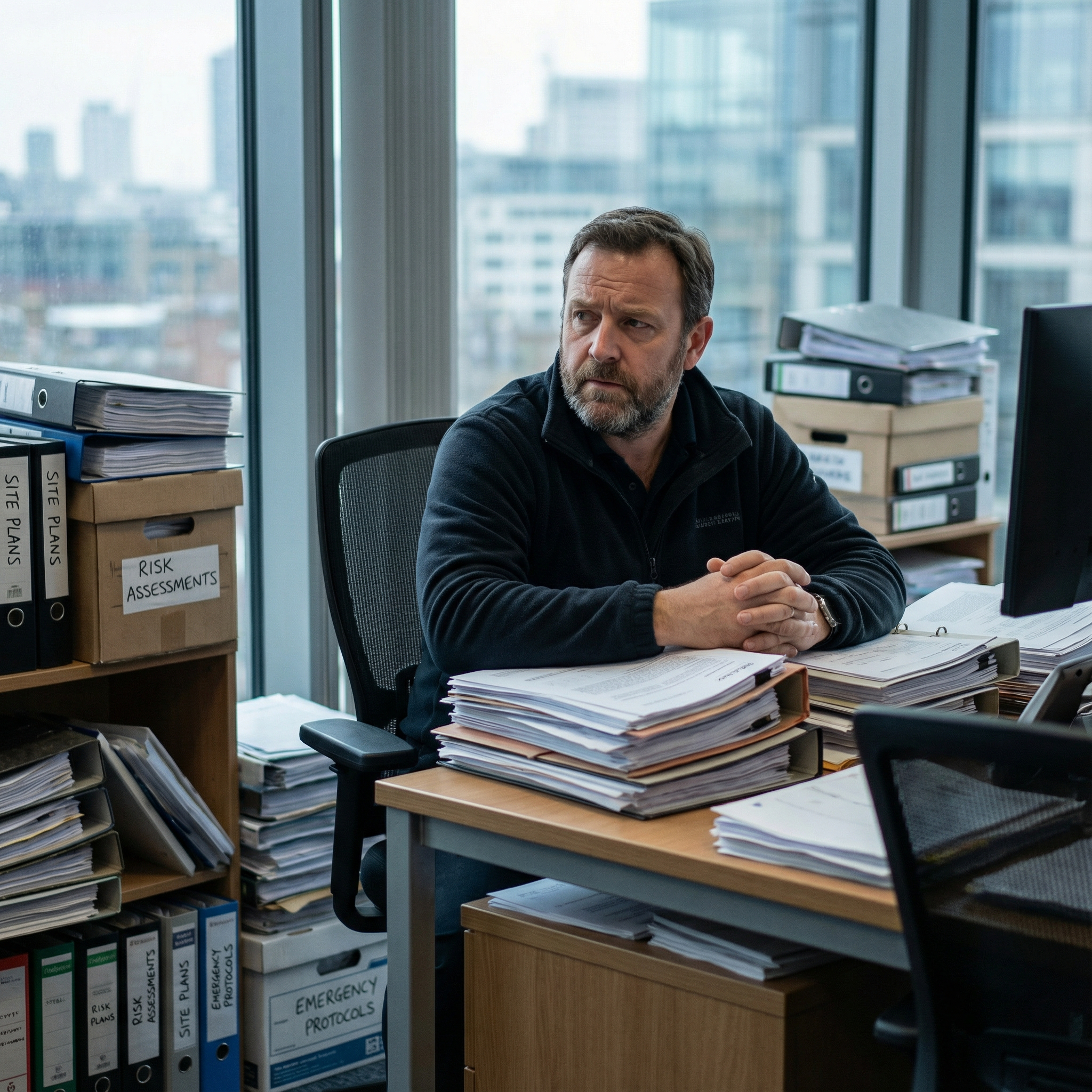 Event safety manager sitting at a desk surrounded by large stacks of safety documents and folders, showing how incremental changes create overwhelming complexity.