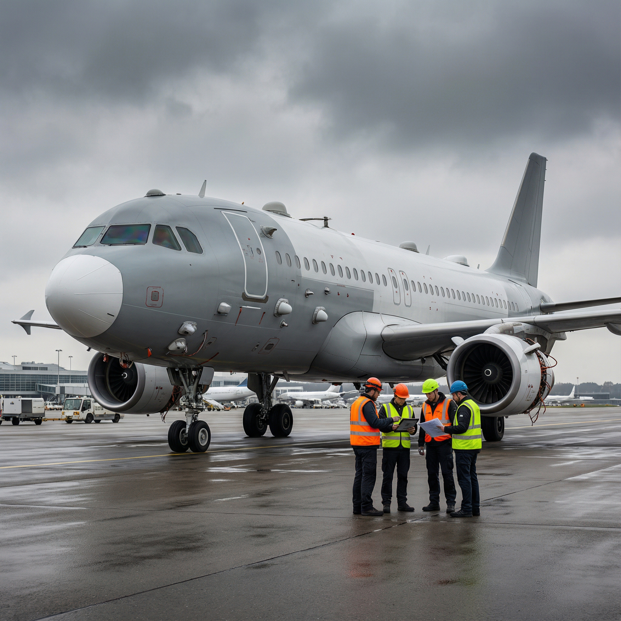 Modern passenger aircraft on an airport runway with engineers reviewing technical systems, representing the risks of continually adapting complex systems instead of redesigning them.