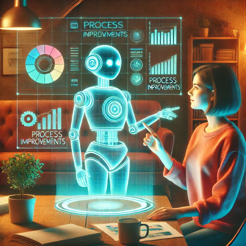 Pequeña empresaria en su oficina interactuando con un holograma que proyecta gráficos de mejora de procesos, con diseño retro-futurista y colores cálidos Pequeña empresaria en su oficina interactuando con un holograma que proyecta gráficos de mejora de procesos, con diseño retro-futurista y colores cálidos