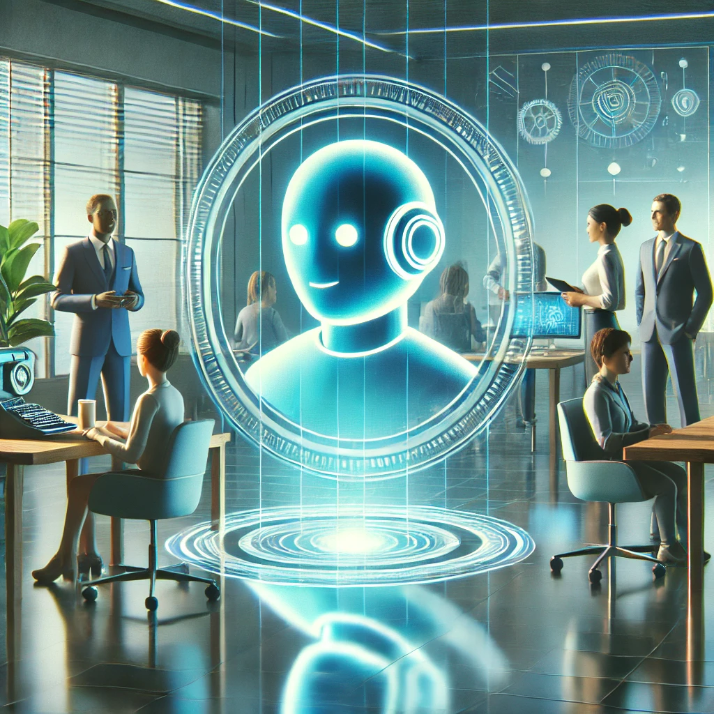 Equipo de empleados interactuando con un chatbot holográfico en una oficina moderna con estilo retro-futurista, usando colores azules, verdes y plateados. Equipo de empleados interactuando con un chatbot holográfico en una oficina moderna con estilo retro-futurista, usando colores azules, verdes y plateados.