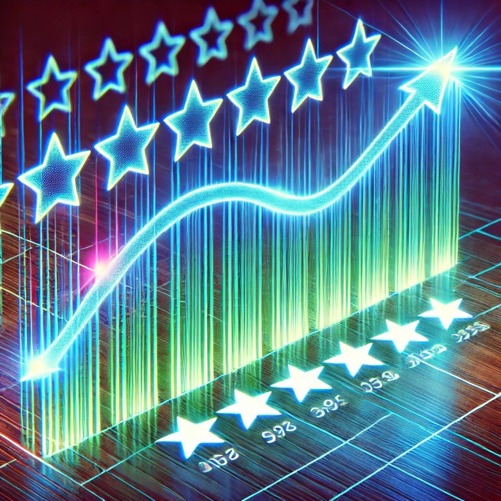 Gráfico holográfico mostrando el aumento en calificaciones y reseñas positivas de un negocio pequeño, en un diseño retro-futurista. Gráfico holográfico mostrando el aumento en calificaciones y reseñas positivas de un negocio pequeño, en un diseño retro-futurista.