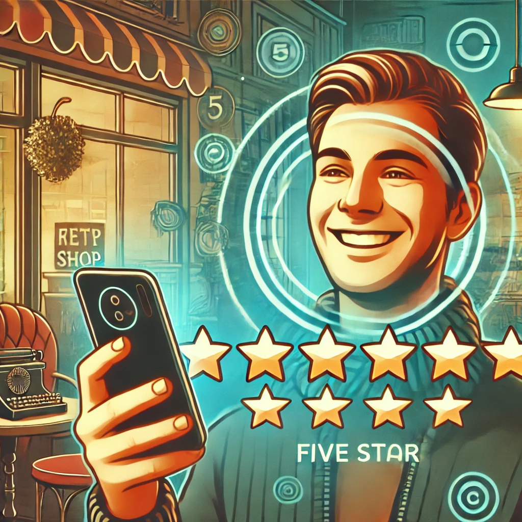 Cliente feliz dejando una reseña positiva en su smartphone, con un fondo de negocio retro-futurista Cliente feliz dejando una reseña positiva en su smartphone, con un fondo de negocio retro-futurista