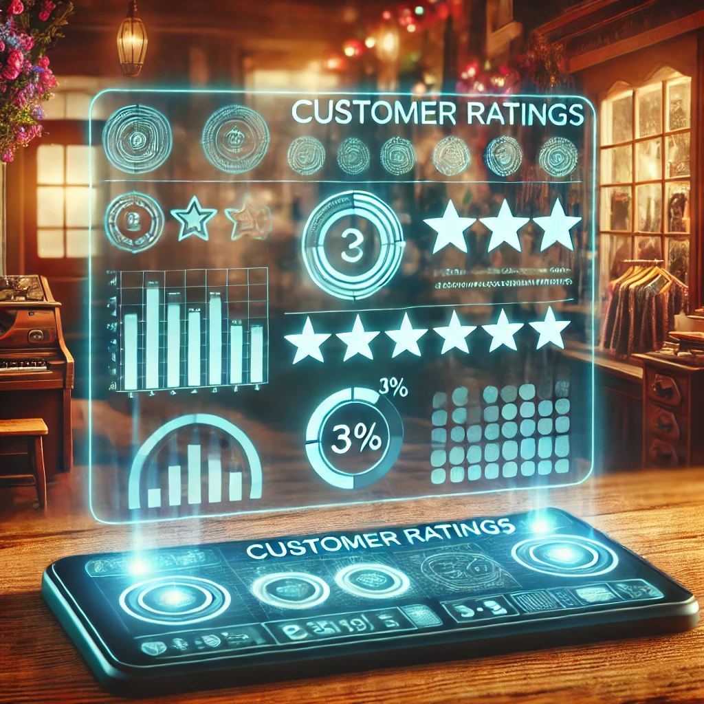 Dashboard holográfico comparando las calificaciones de una PYME con sus competidores, en estilo retro-futurista. Dashboard holográfico comparando las calificaciones de una PYME con sus competidores, en estilo retro-futurista.