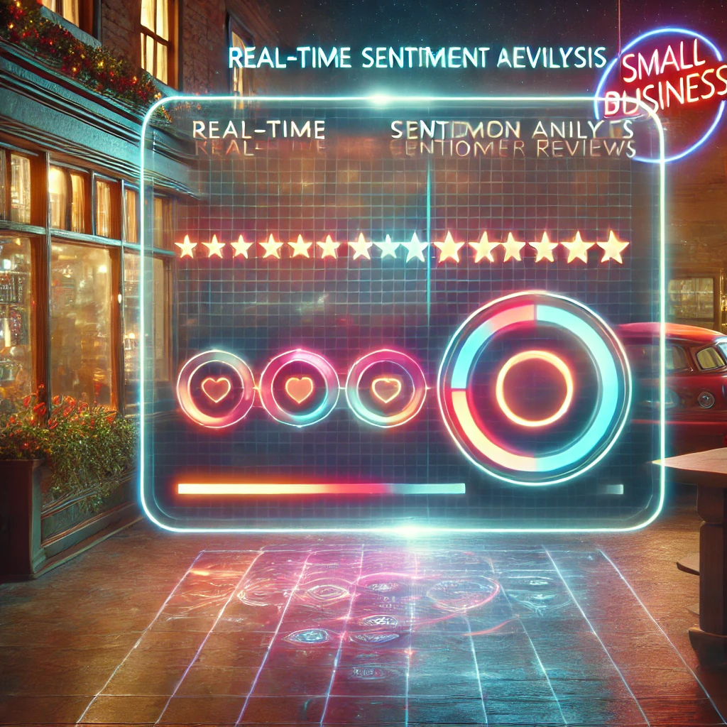Dashboard holográfico mostrando análisis de sentimientos de reseñas en tiempo real, en un entorno retro-futurista de una PYME Dashboard holográfico mostrando análisis de sentimientos de reseñas en tiempo real, en un entorno retro-futurista de una PYME