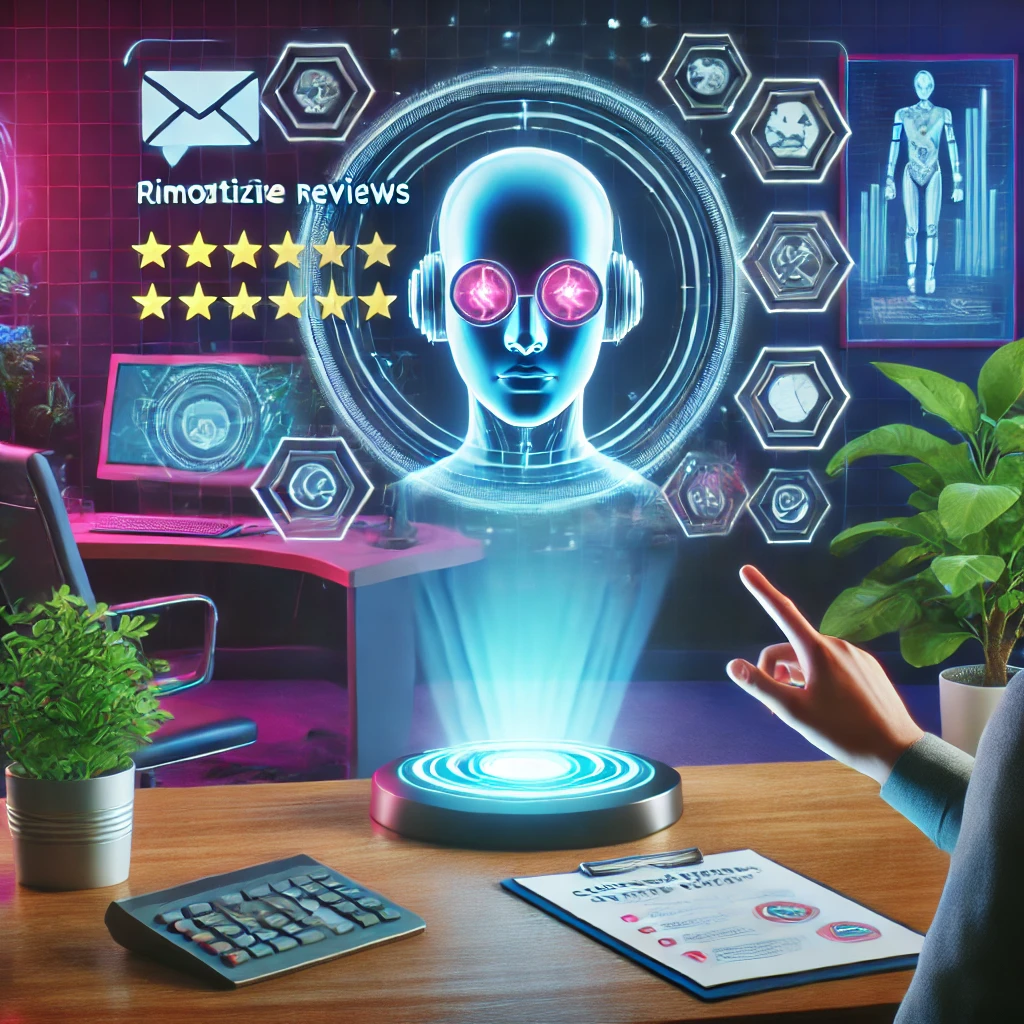 Asistente holográfico de inteligencia artificial ayudando a un dueño de negocio a priorizar reseñas negativas y mejorar la satisfacción del cliente, en un entorno retro-futurista Asistente holográfico de inteligencia artificial ayudando a un dueño de negocio a priorizar reseñas negativas y mejorar la satisfacción del cliente, en un entorno retro-futurista