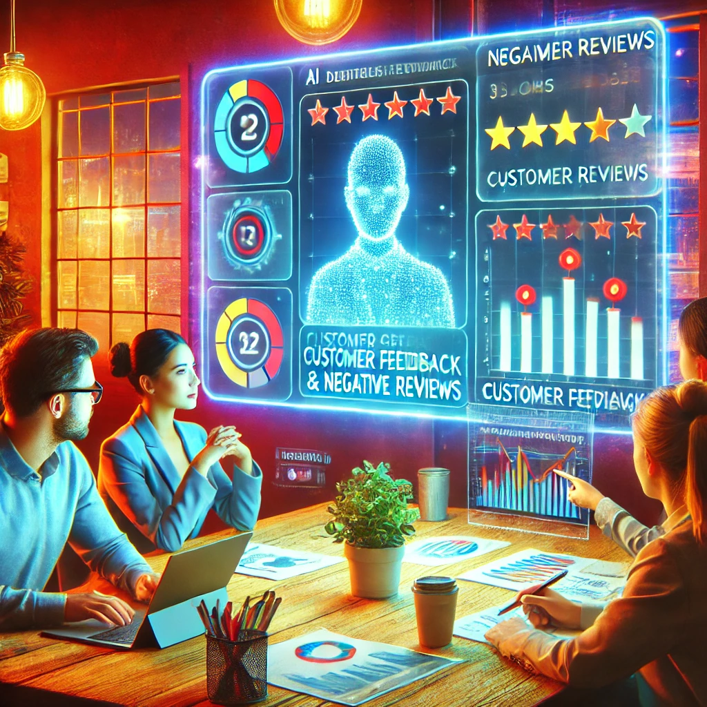 Equipo de una PYME revisando un panel con insights generados por inteligencia artificial sobre reseñas negativas, en un ambiente retro-futurista. Equipo de una PYME revisando un panel con insights generados por inteligencia artificial sobre reseñas negativas, en un ambiente retro-futurista.