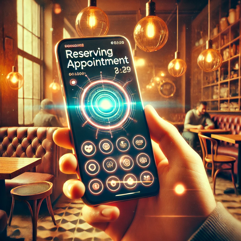 Cliente reservando una cita en su smartphone con un sistema de calendario automatizado en estilo retro-futurista Cliente reservando una cita en su smartphone con un sistema de calendario automatizado en estilo retro-futurista