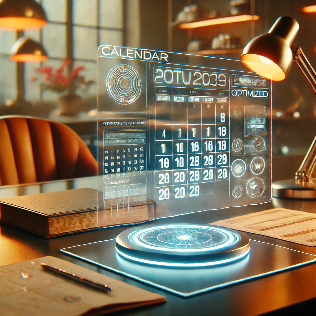 Calendario digital holográfico optimizado con tecnología retro-futurista en un entorno de oficina