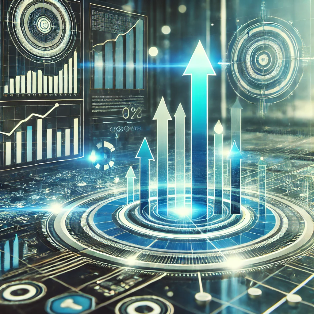 Gráfico holográfico mostrando el crecimiento de un negocio, en un entorno futurista de oficina con detalles tecnológicos Gráfico holográfico mostrando el crecimiento de un negocio, en un entorno futurista de oficina con detalles tecnológicos