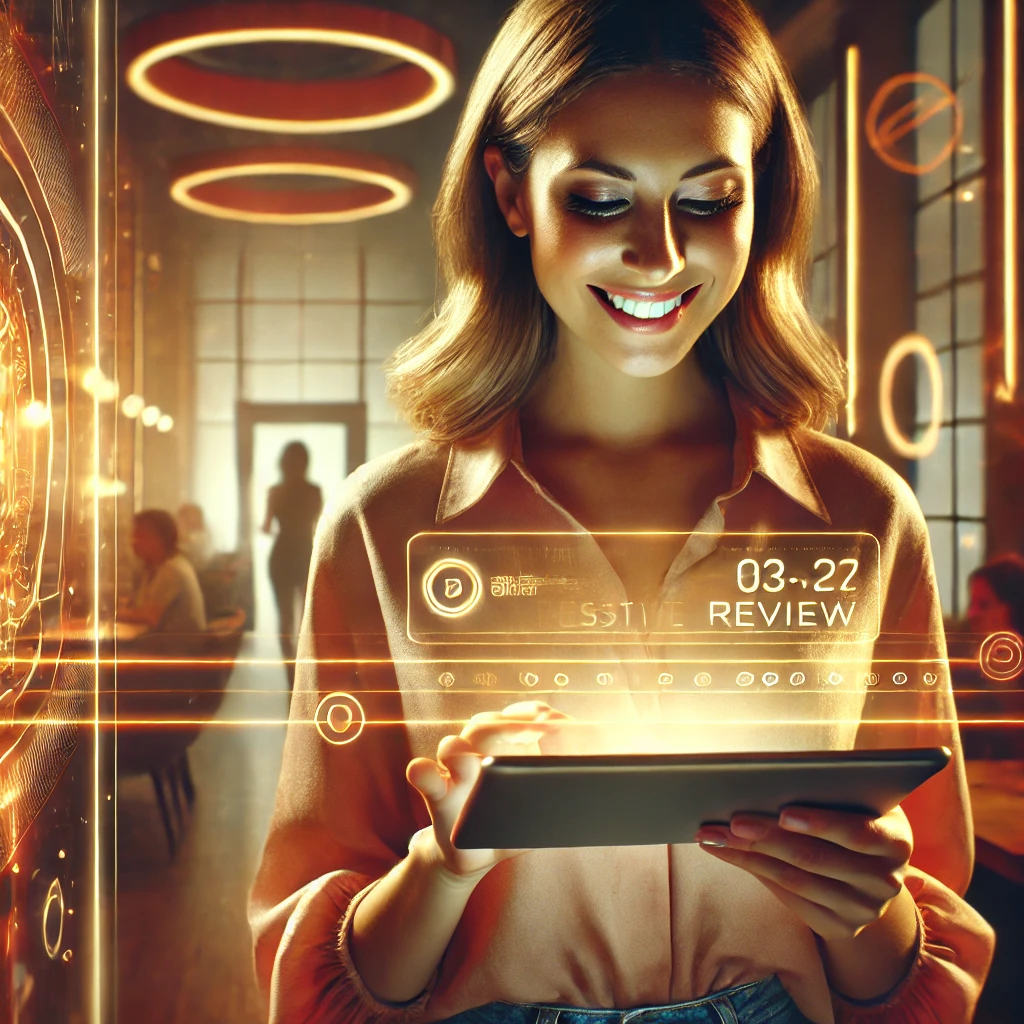 Cliente satisfecho dejando una reseña positiva en una tablet, en un entorno moderno con elementos retro-futuristas y hologramas Cliente satisfecho dejando una reseña positiva en una tablet, en un entorno moderno con elementos retro-futuristas y hologramas