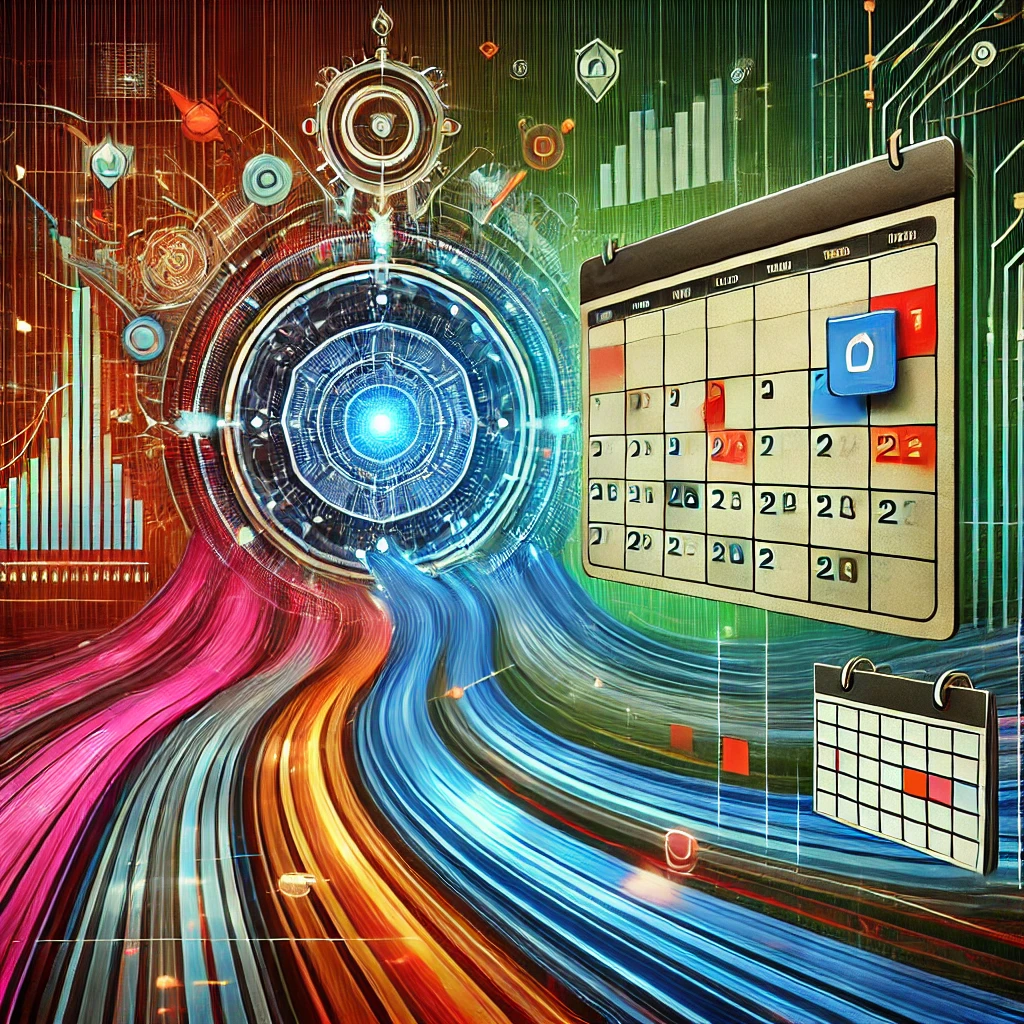 Representación abstracta de un algoritmo de programación de citas, con flujos de datos y un calendario digital dinámico en un estilo retro-futurista Representación abstracta de un algoritmo de programación de citas, con flujos de datos y un calendario digital dinámico en un estilo retro-futurista