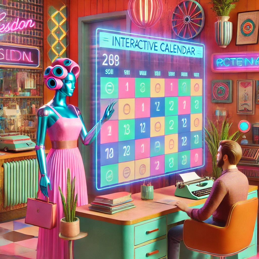 Interfaz holográfica retro-futurista mostrando un calendario interactivo en un salón moderno, simbolizando la integración de IA en la programación de citas Interfaz holográfica retro-futurista mostrando un calendario interactivo en un salón moderno, simbolizando la integración de IA en la programación de citas