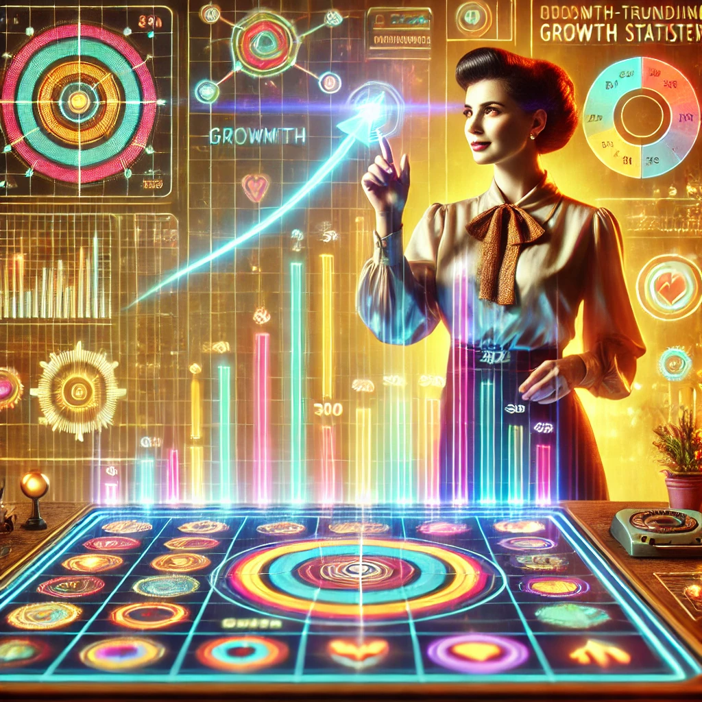 Empresario analizando estadísticas holográficas en un entorno retro-futurista, con gráficos ascendentes y elementos digitales que simbolizan el éxito empresarial Empresario analizando estadísticas holográficas en un entorno retro-futurista, con gráficos ascendentes y elementos digitales que simbolizan el éxito empresarial