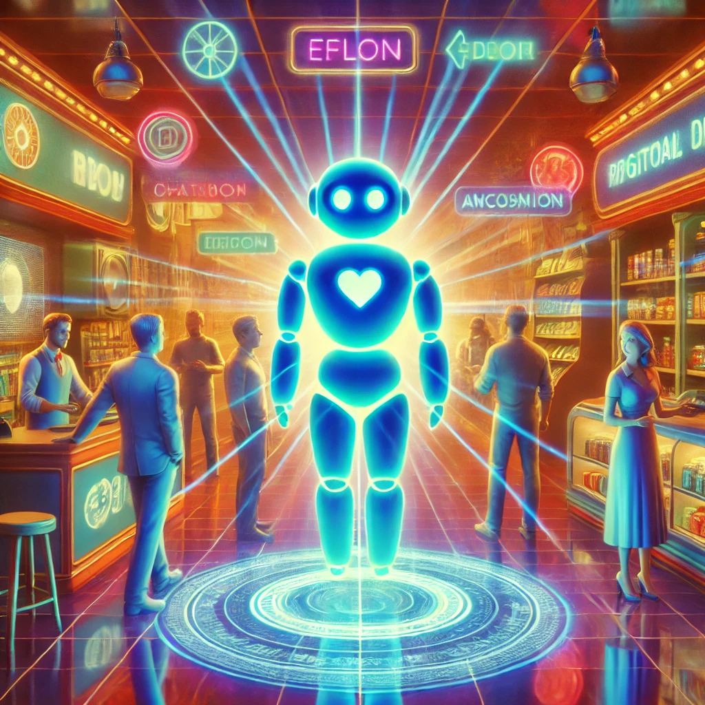 Chatbot holográfico asistiendo a clientes en una tienda digital con elementos retro-futuristas, simbolizando accesibilidad e innovación tecnológica Chatbot holográfico asistiendo a clientes en una tienda digital con elementos retro-futuristas, simbolizando accesibilidad e innovación tecnológica