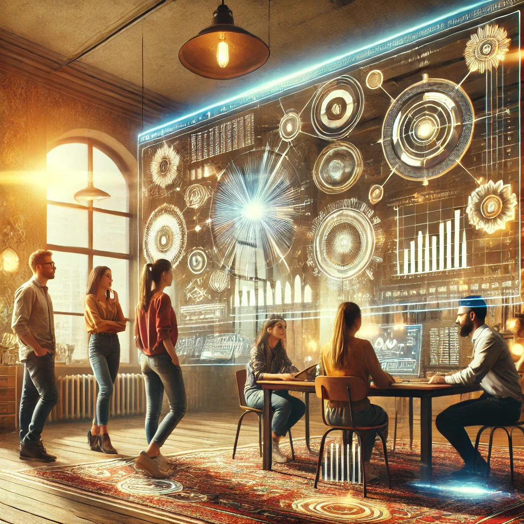 Equipo de trabajo colaborando en una oficina moderna con hologramas de datos, mezclando tecnología futurista y decoraciones vintage Equipo de trabajo colaborando en una oficina moderna con hologramas de datos, mezclando tecnología futurista y decoraciones vintage