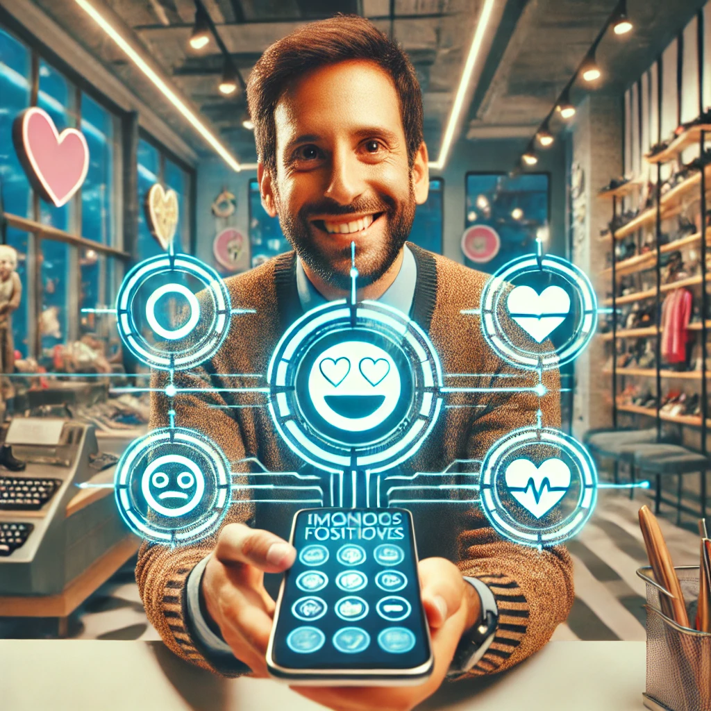 Cliente sonriente en una tienda retro-futurista rodeado de iconos flotantes que representan emociones positivas Cliente sonriente en una tienda retro-futurista rodeado de iconos flotantes que representan emociones positivas