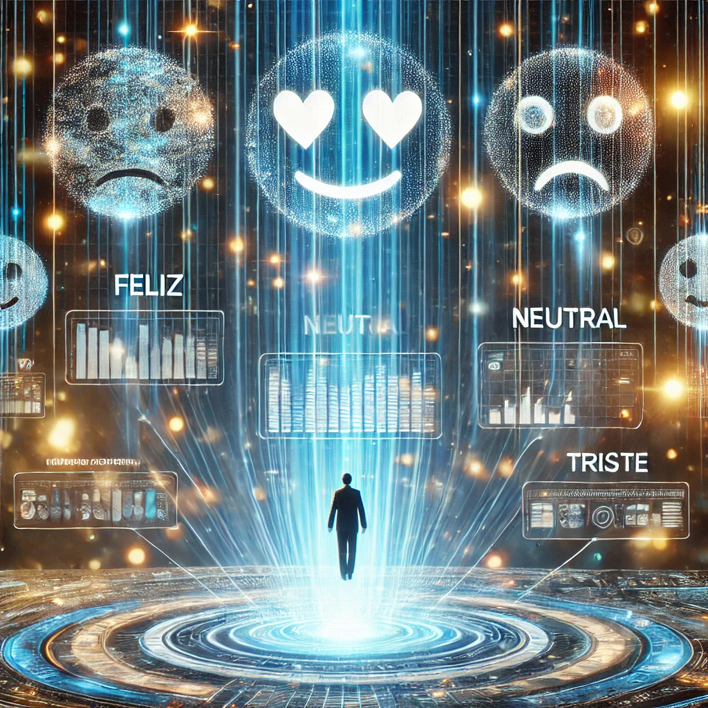 Gráfico holográfico futurista mostrando emociones clasificadas como feliz, neutral y triste, conectado por líneas de datos Gráfico holográfico futurista mostrando emociones clasificadas como feliz, neutral y triste, conectado por líneas de datos