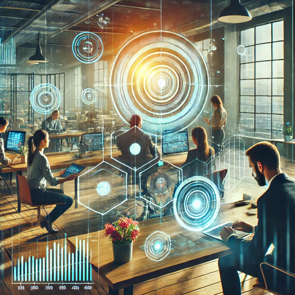 Equipo de trabajo en oficina vintage-futurista analizando datos emocionales en pantallas holográficas flotantes Equipo de trabajo en oficina vintage-futurista analizando datos emocionales en pantallas holográficas flotantes