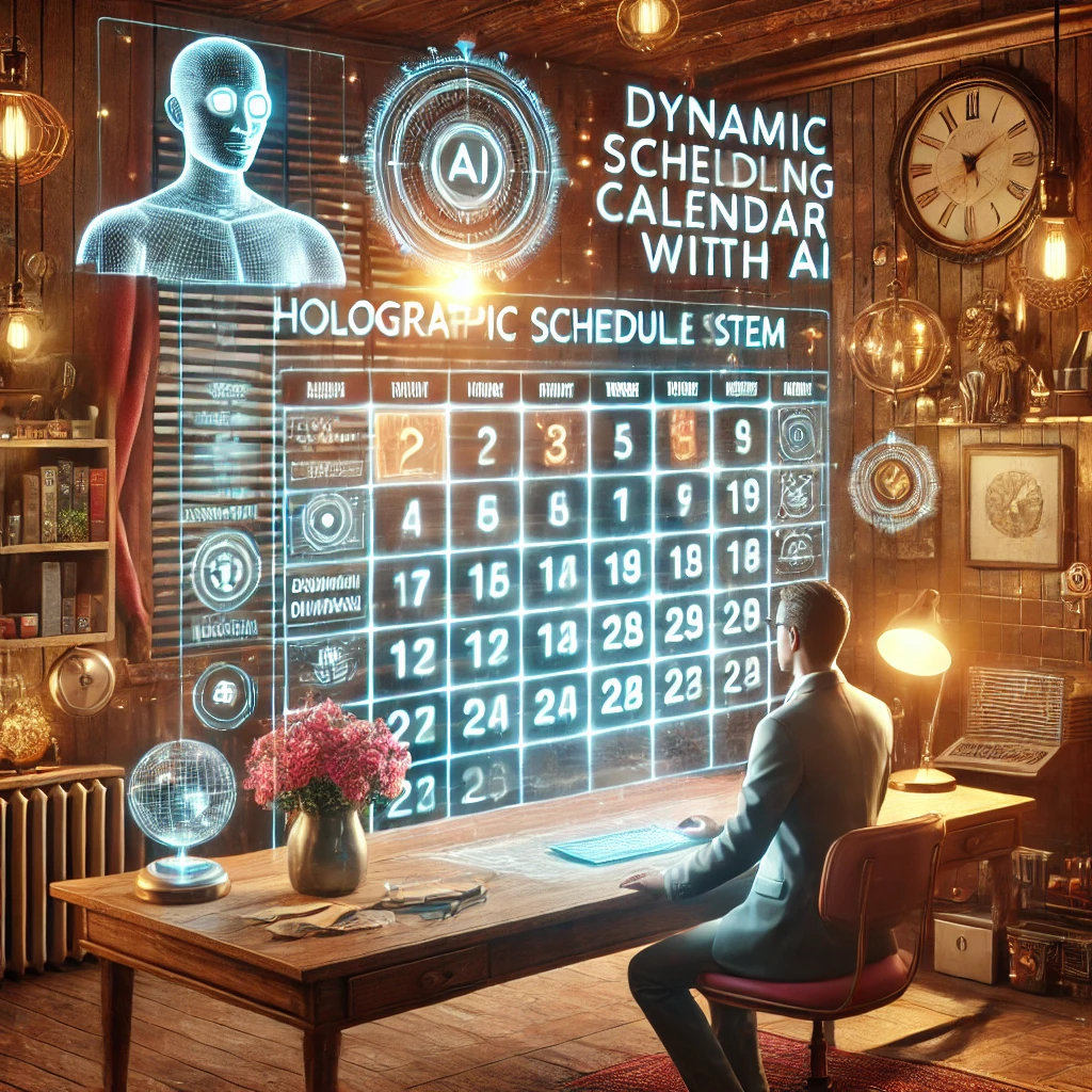 Sistema holográfico de calendarización con IA en un entorno retro-futurista, mostrando tecnología avanzada en un ambiente acogedor de pequeña empresa Sistema holográfico de calendarización con IA en un entorno retro-futurista, mostrando tecnología avanzada en un ambiente acogedor de pequeña empresa