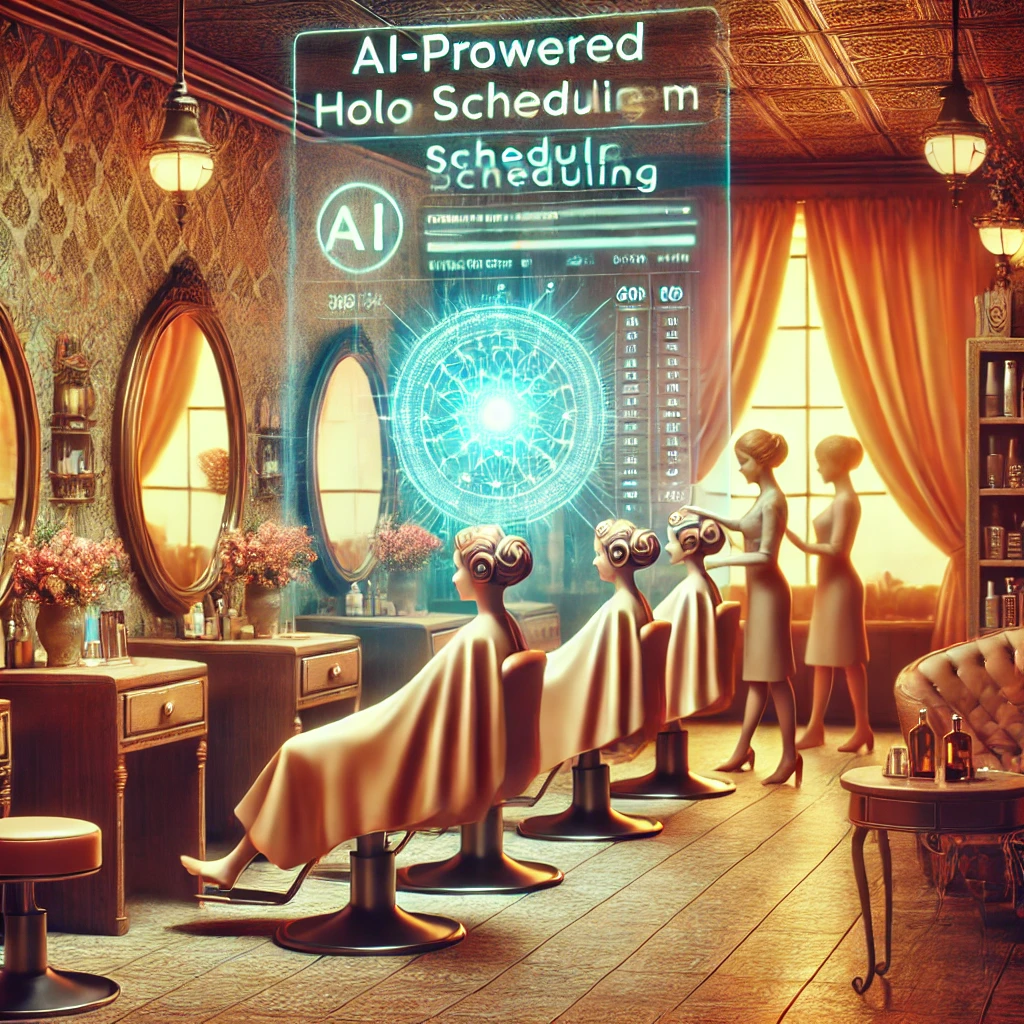 Salón de belleza retro-futurista con un sistema holográfico de calendarización basado en IA, estilistas atendiendo a clientes en un ambiente eficiente y acogedor Salón de belleza retro-futurista con un sistema holográfico de calendarización basado en IA, estilistas atendiendo a clientes en un ambiente eficiente y acogedor