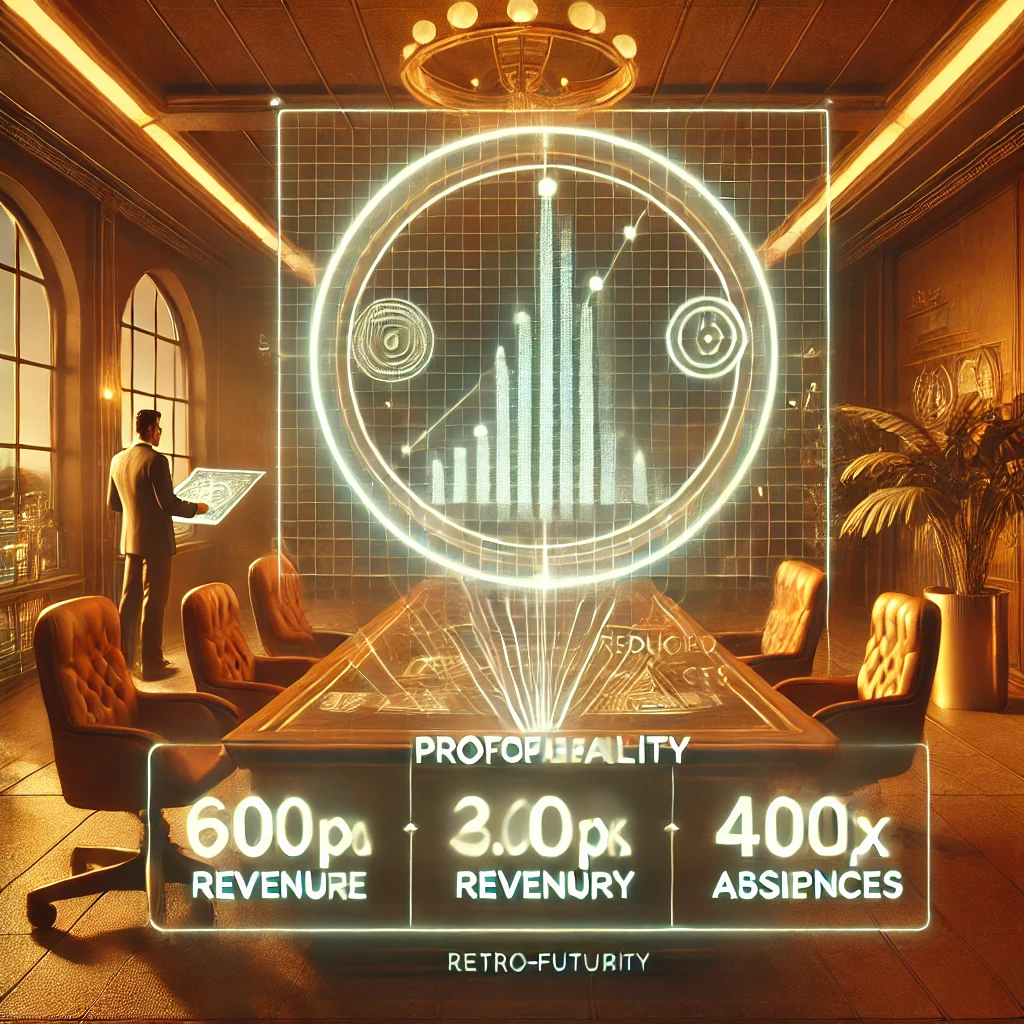 Gráfico holográfico retro-futurista mostrando aumento de ingresos y reducción de ausencias en una pequeña oficina decorada con elementos vintage y tecnología avanzada Gráfico holográfico retro-futurista mostrando aumento de ingresos y reducción de ausencias en una pequeña oficina decorada con elementos vintage y tecnología avanzada