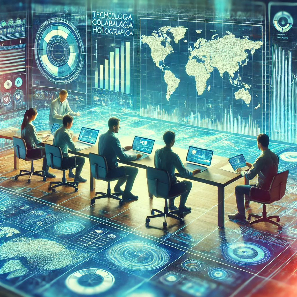 Un equipo de trabajo en un espacio retro-futurista, con tecnología holográfica que muestra reseñas y análisis de datos Un equipo de trabajo en un espacio retro-futurista, con tecnología holográfica que muestra reseñas y análisis de datos