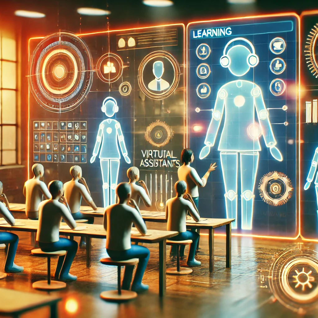 Un equipo pequeño aprendiendo en un entorno digital futurista con hologramas interactivos y asistentes virtuales, en un estilo que combina modernidad con nostalgia Un equipo pequeño aprendiendo en un entorno digital futurista con hologramas interactivos y asistentes virtuales, en un estilo que combina modernidad con nostalgia