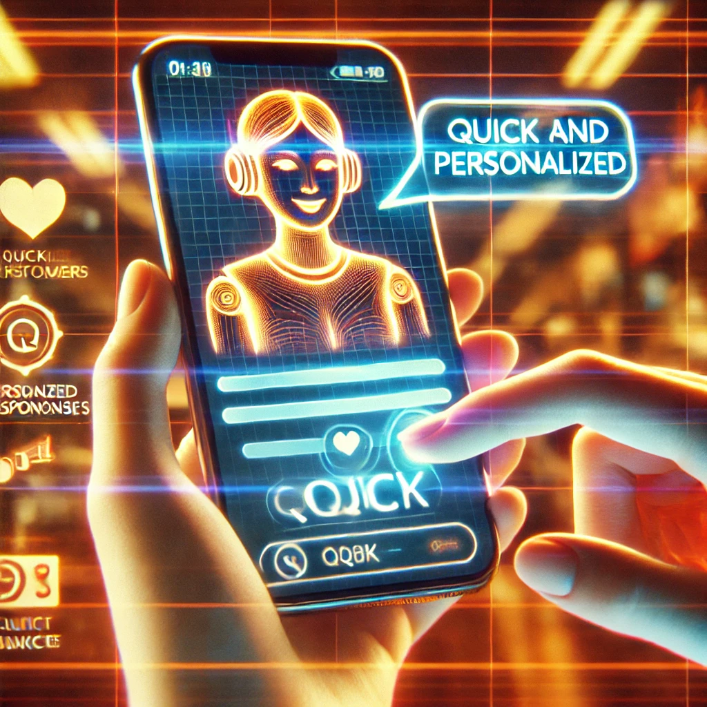 Escena retro-futurista de un cliente satisfecho interactuando con un chatbot en su teléfono, con hologramas brillantes en tonos cálidos de naranja y azul que muestran respuestas rápidas y personalizadas Escena retro-futurista de un cliente satisfecho interactuando con un chatbot en su teléfono, con hologramas brillantes en tonos cálidos de naranja y azul que muestran respuestas rápidas y personalizadas