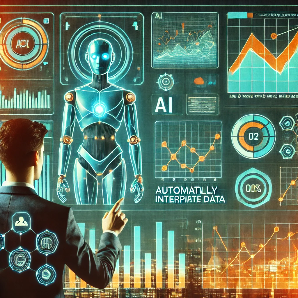 Un empresario analizando datos en un tablero holográfico lleno de gráficos y tendencias, con una atmósfera retro-futurista en tonos teal y naranja, resaltando elementos de IA Un empresario analizando datos en un tablero holográfico lleno de gráficos y tendencias, con una atmósfera retro-futurista en tonos teal y naranja, resaltando elementos de IA