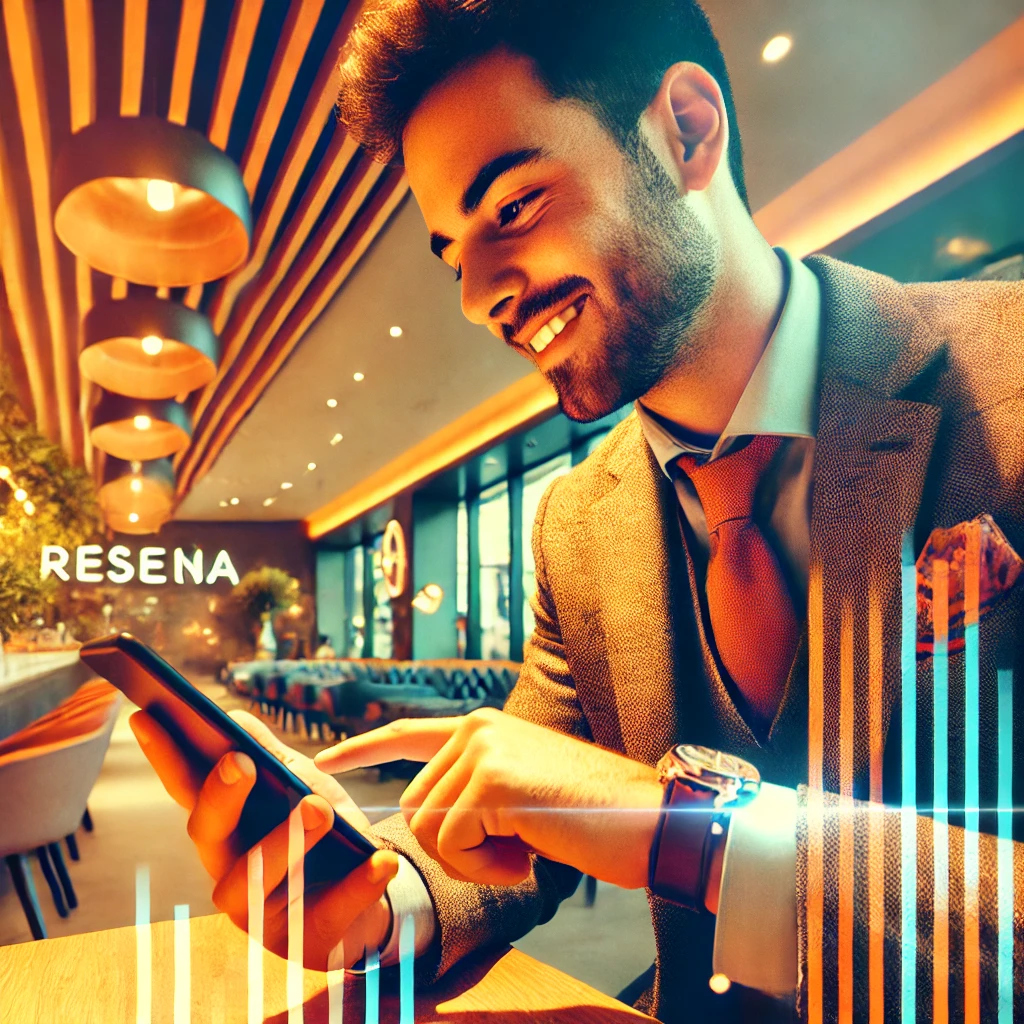 Un cliente sonriente dejando una reseña en su teléfono móvil, en un ambiente moderno y acogedor como un café, con colores cálidos y un estilo profesional y retro-futurista. Un cliente sonriente dejando una reseña en su teléfono móvil, en un ambiente moderno y acogedor como un café, con colores cálidos y un estilo profesional y retro-futurista.