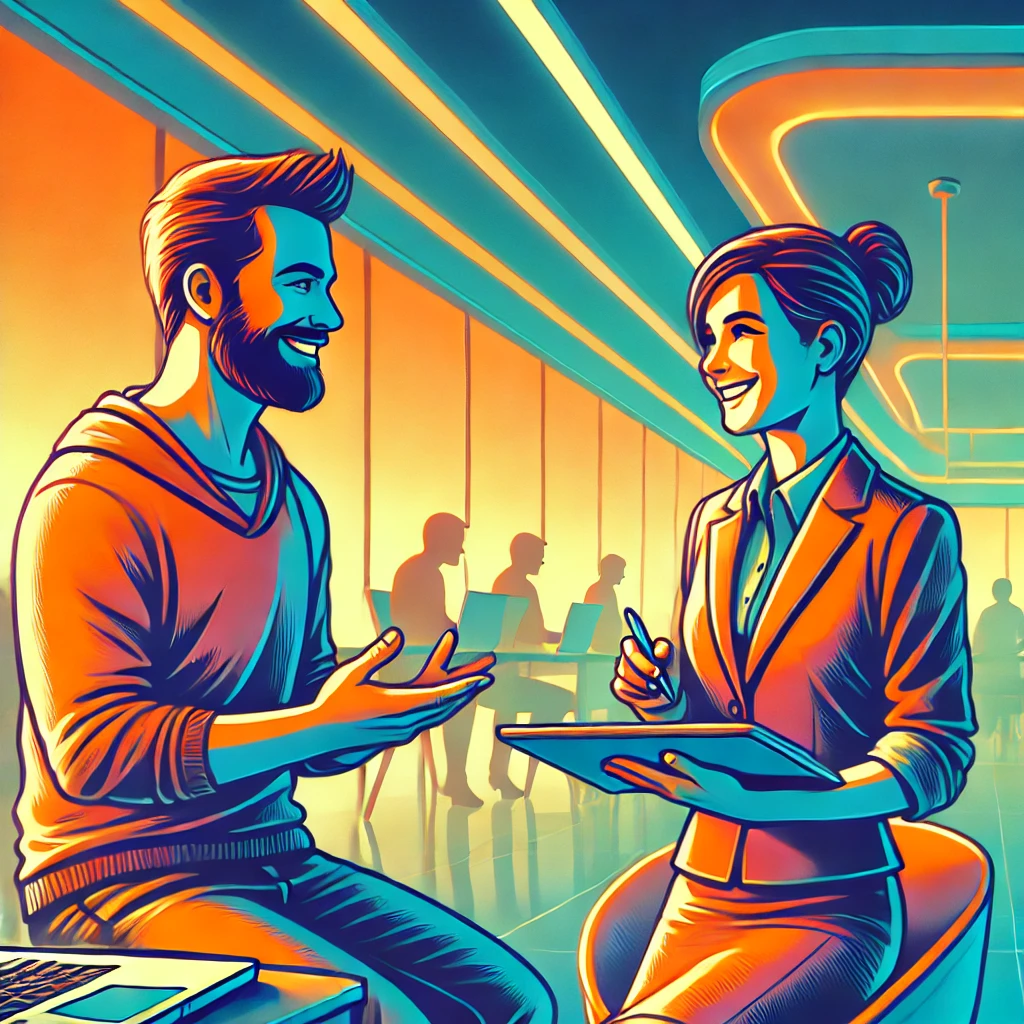 Un cliente interactuando de manera positiva con un representante de una empresa, en un ambiente moderno y amigable con diseño retro-futurista, transmitiendo confianza y colaboración. Un cliente interactuando de manera positiva con un representante de una empresa, en un ambiente moderno y amigable con diseño retro-futurista, transmitiendo confianza y colaboración.