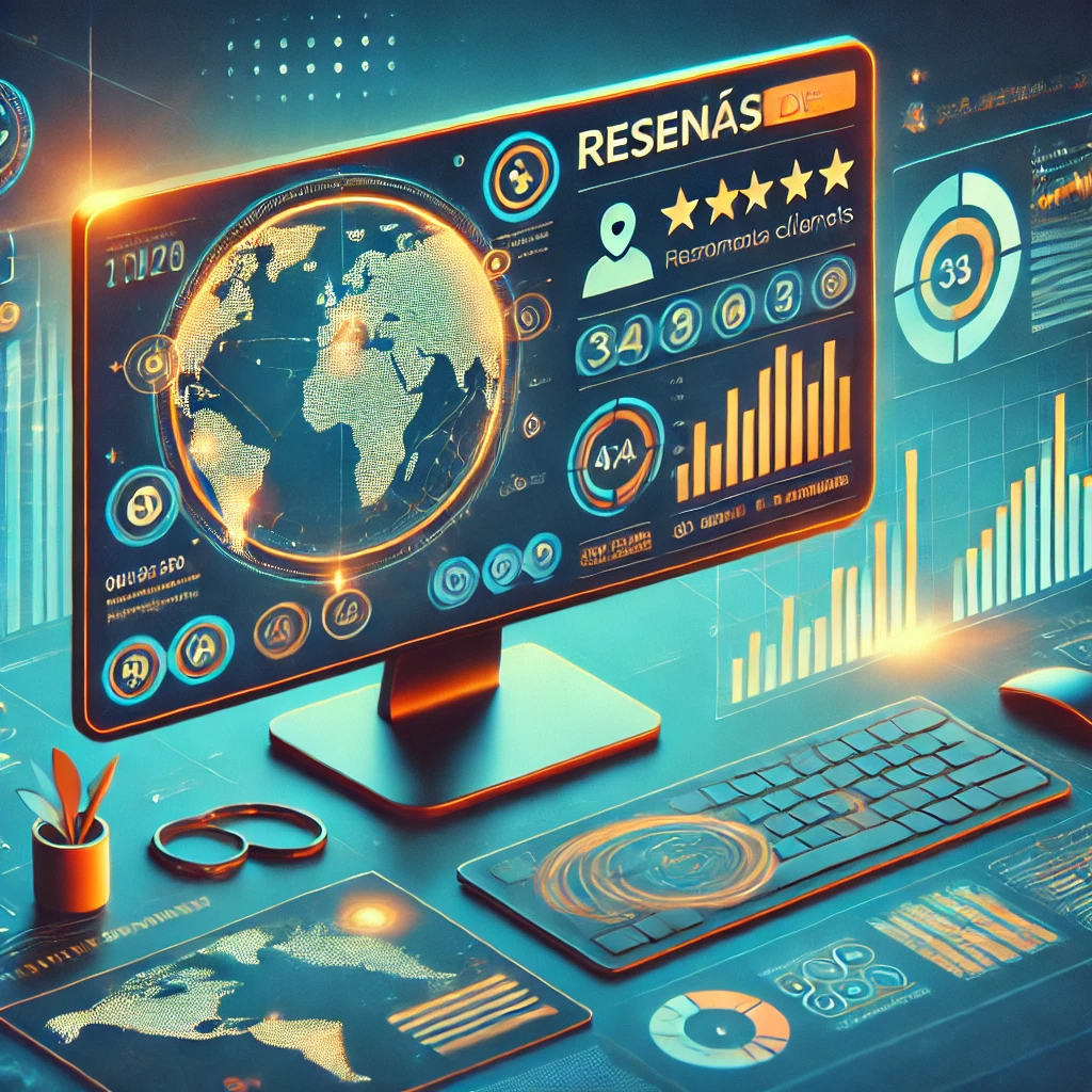 Una empresa monitoreando reseñas de clientes en una pantalla interactiva con gráficos y comentarios, en un entorno tecnológico limpio y moderno, con tonos cálidos y vibrantes. Una empresa monitoreando reseñas de clientes en una pantalla interactiva con gráficos y comentarios, en un entorno tecnológico limpio y moderno, con tonos cálidos y vibrantes.