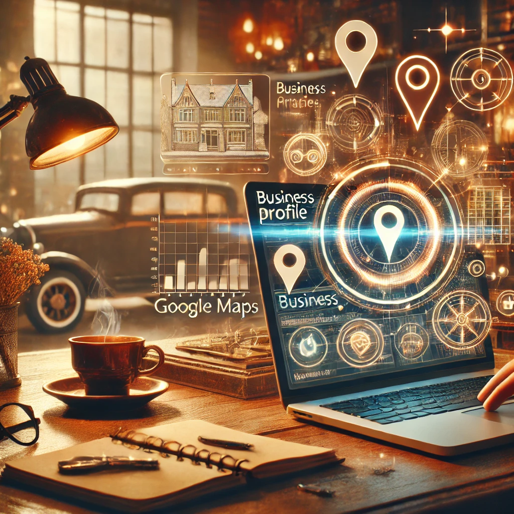 Escena retro-futurista de un emprendedor trabajando en su laptop, actualizando su perfil de negocio en Google Maps, con una interfaz holográfica y un ambiente cálido. Escena retro-futurista de un emprendedor trabajando en su laptop, actualizando su perfil de negocio en Google Maps, con una interfaz holográfica y un ambiente cálido.