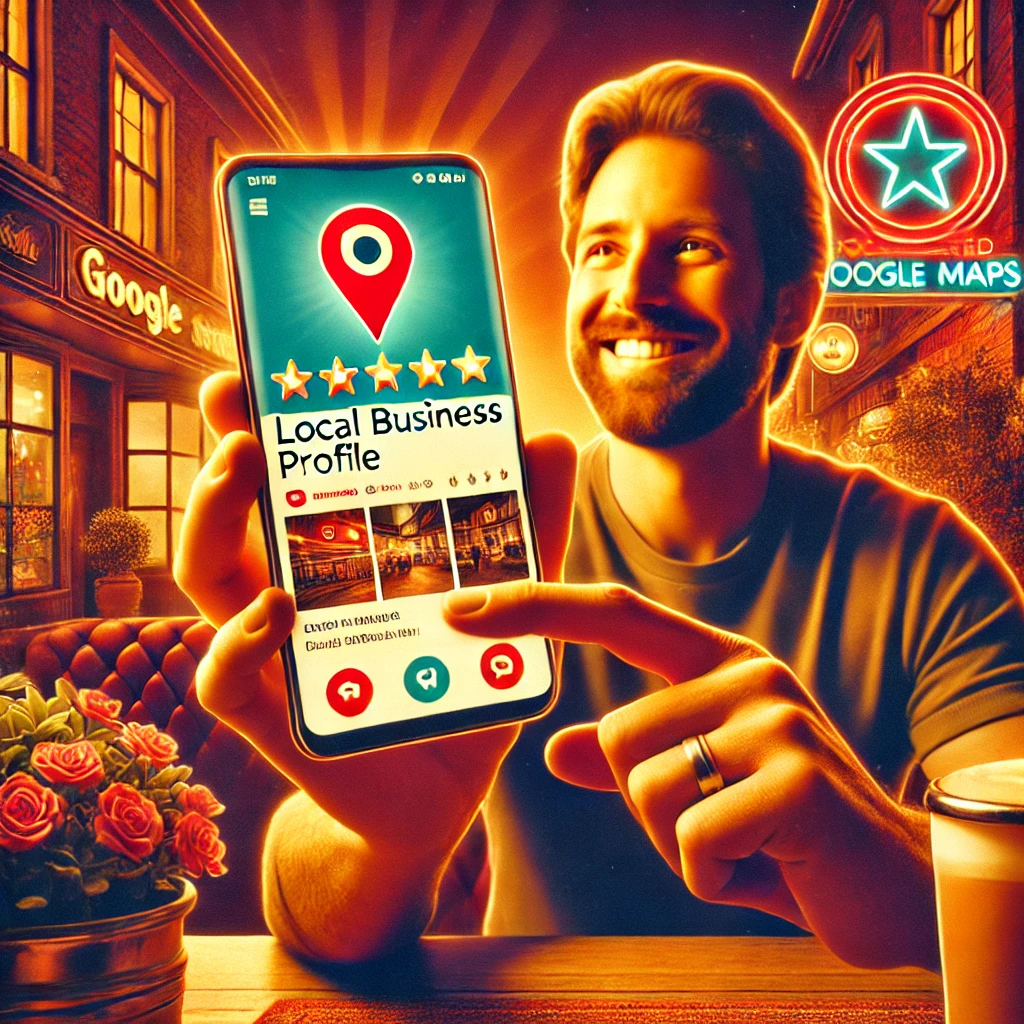 Representación retro-futurista de un cliente feliz usando su smartphone para consultar el perfil de un negocio en Google Maps, en un ambiente acogedor y vibrante. Representación retro-futurista de un cliente feliz usando su smartphone para consultar el perfil de un negocio en Google Maps, en un ambiente acogedor y vibrante.