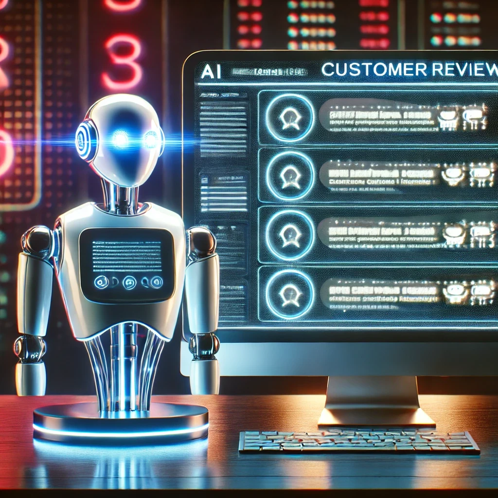Interfaz digital futurista mostrando un chatbot de IA respondiendo reseñas de clientes en una pantalla de alta tecnología con un diseño retro-futurista Interfaz digital futurista mostrando un chatbot de IA respondiendo reseñas de clientes en una pantalla de alta tecnología con un diseño retro-futurista